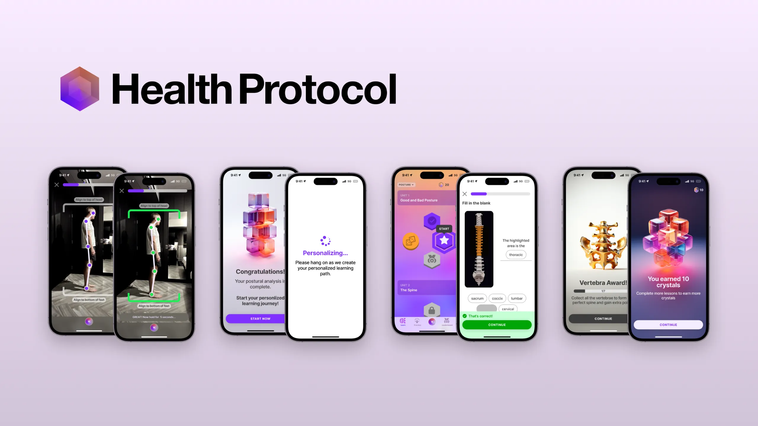 The Health Protocol logo and 8 screens showing the mobile app designs.