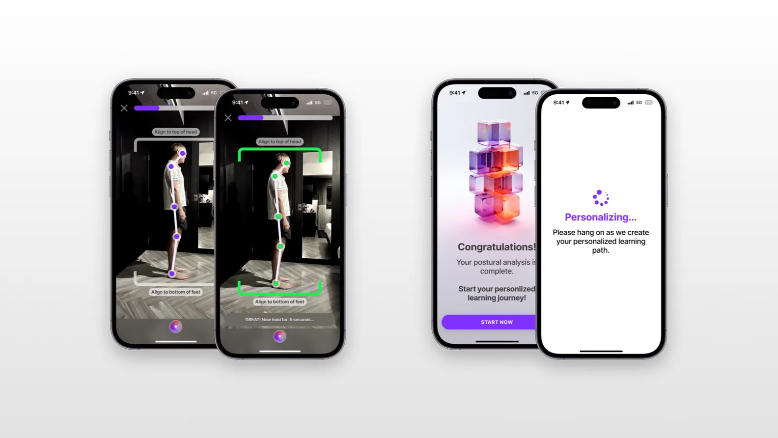 Health Protocol mobile screens: posture scan and personalised onboarding.