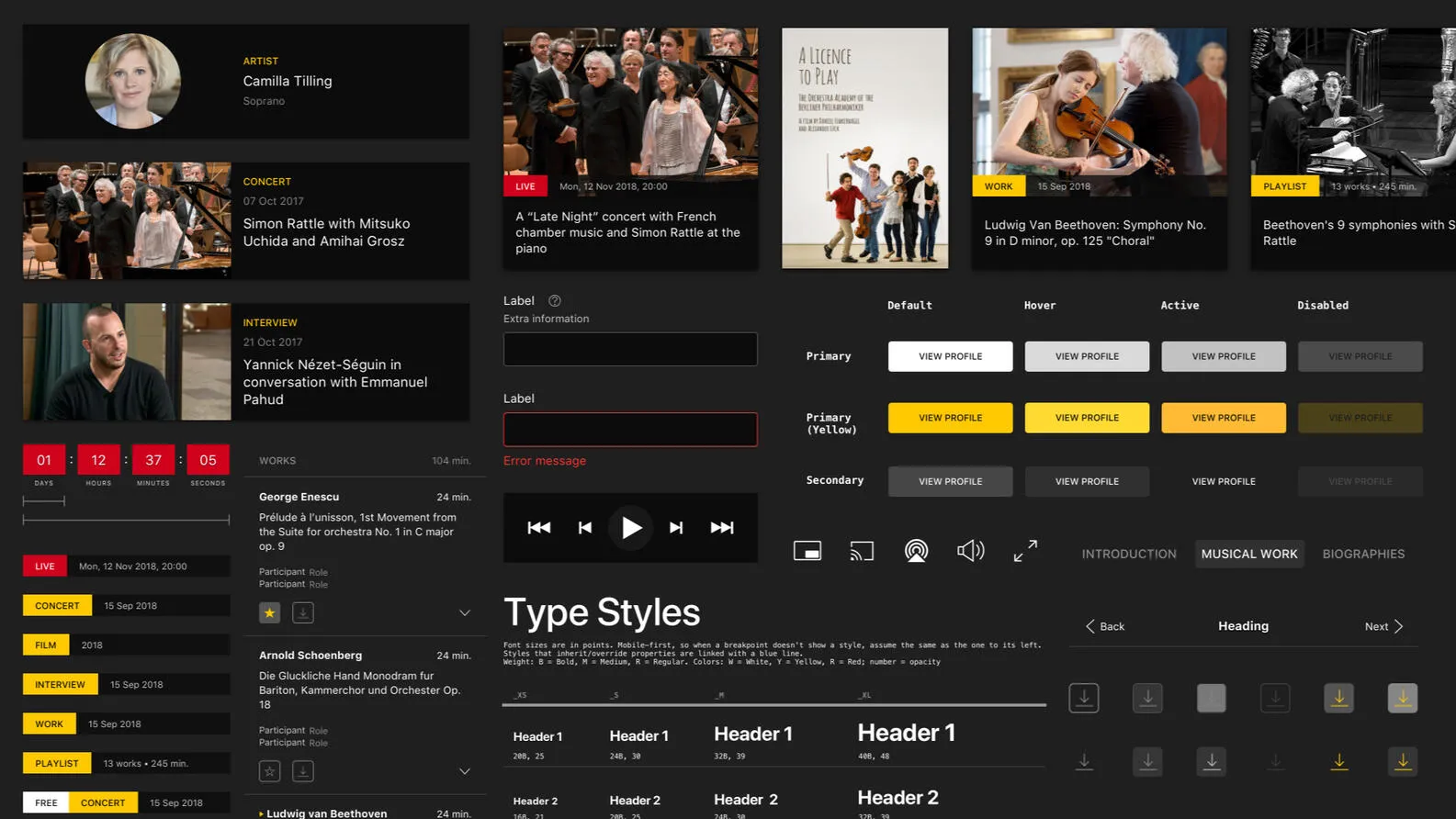 Digital Concert Hall design system: cards, labels, buttons, player controls and type styles.