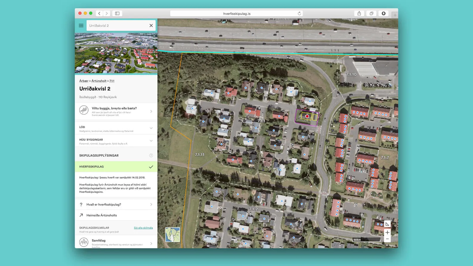 Planning web app on desktop: property details beside an aerial map.