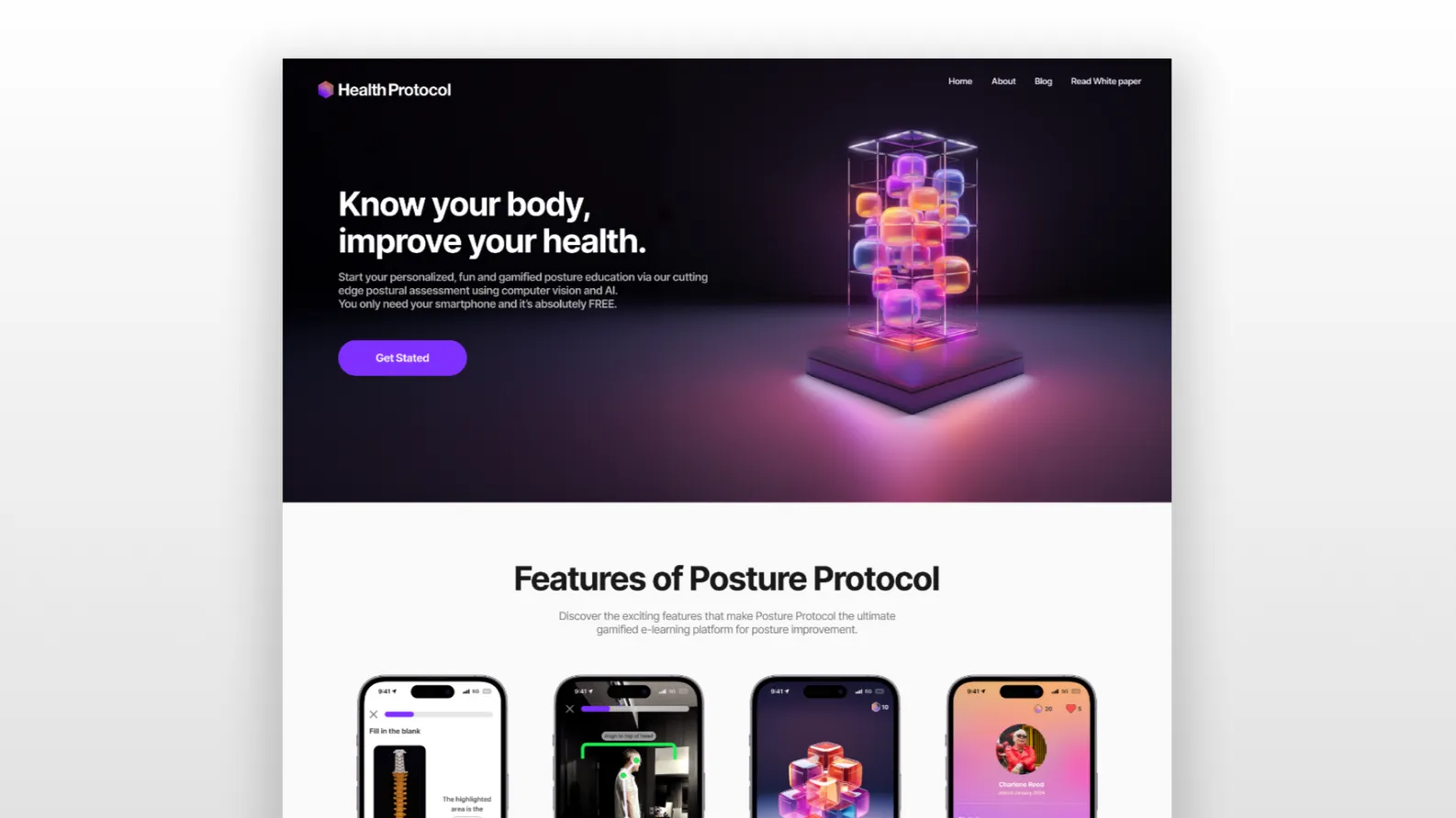 Health Protocol landing page: “Know your body, improve your health.”