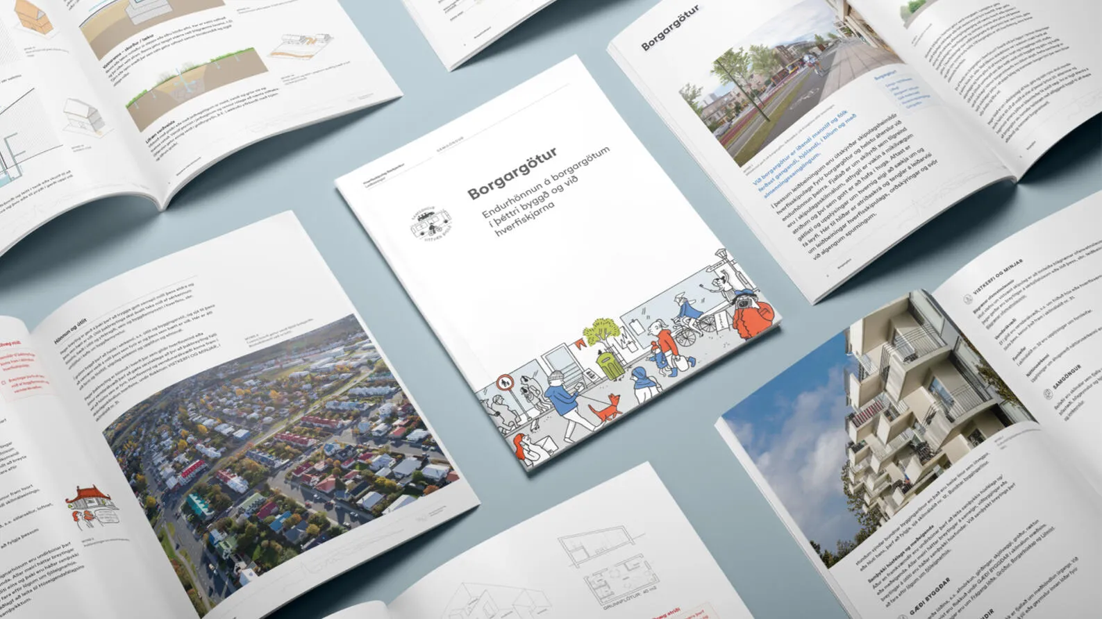 Spread of Borgargötur planning booklets with aerial photography.