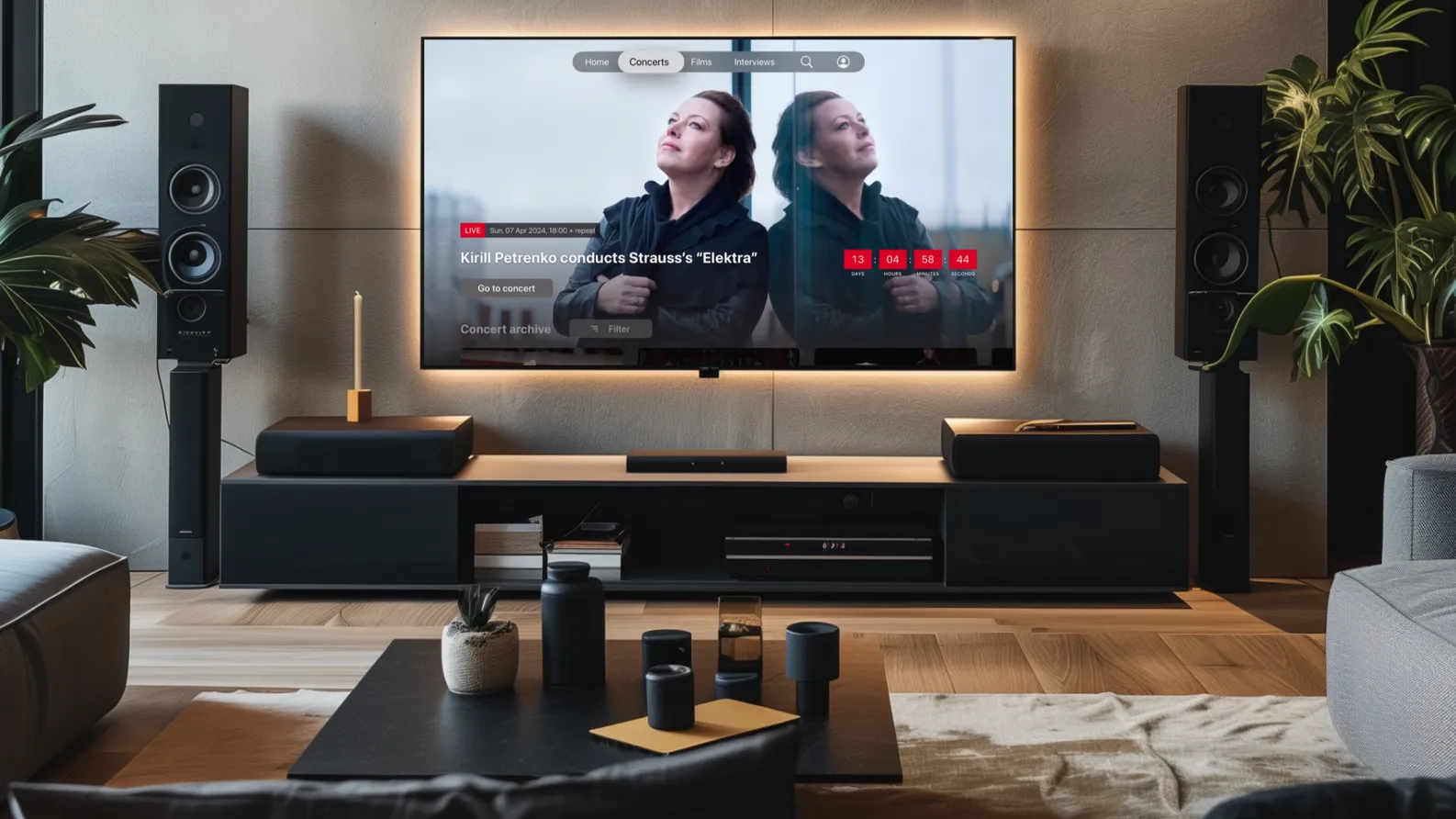 Digital Concert Hall tvOS app on a living-room TV, showing a live concert countdown.