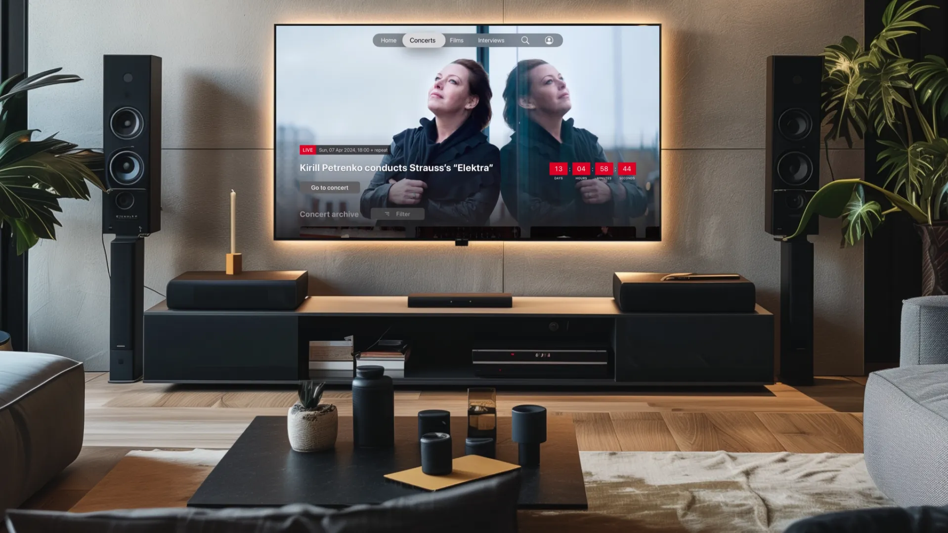 The Digital Concert Hall tvOS app on a living-room TV, featuring a live concert with a countdown.