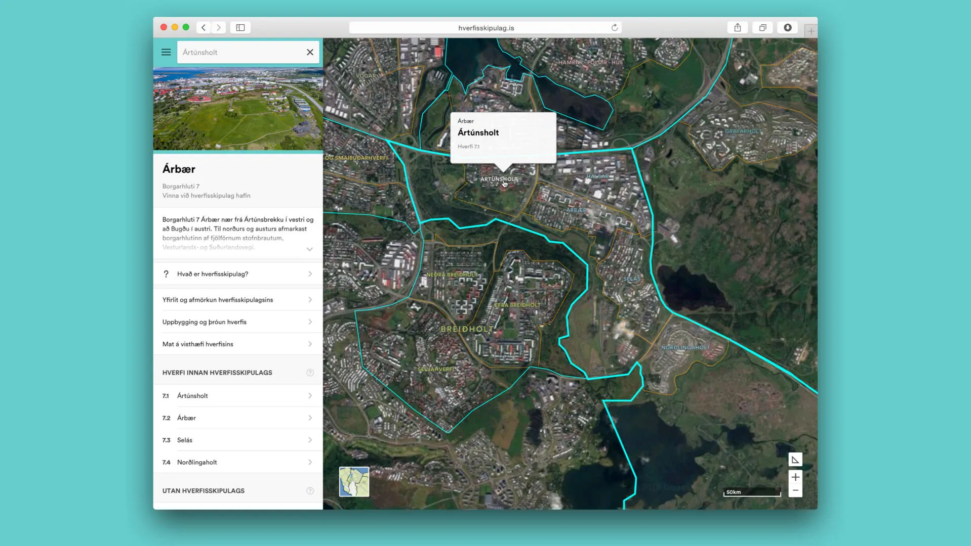 Planning web app on desktop: the Árbær district outlined on an aerial map, with a list of neighbourhoods.