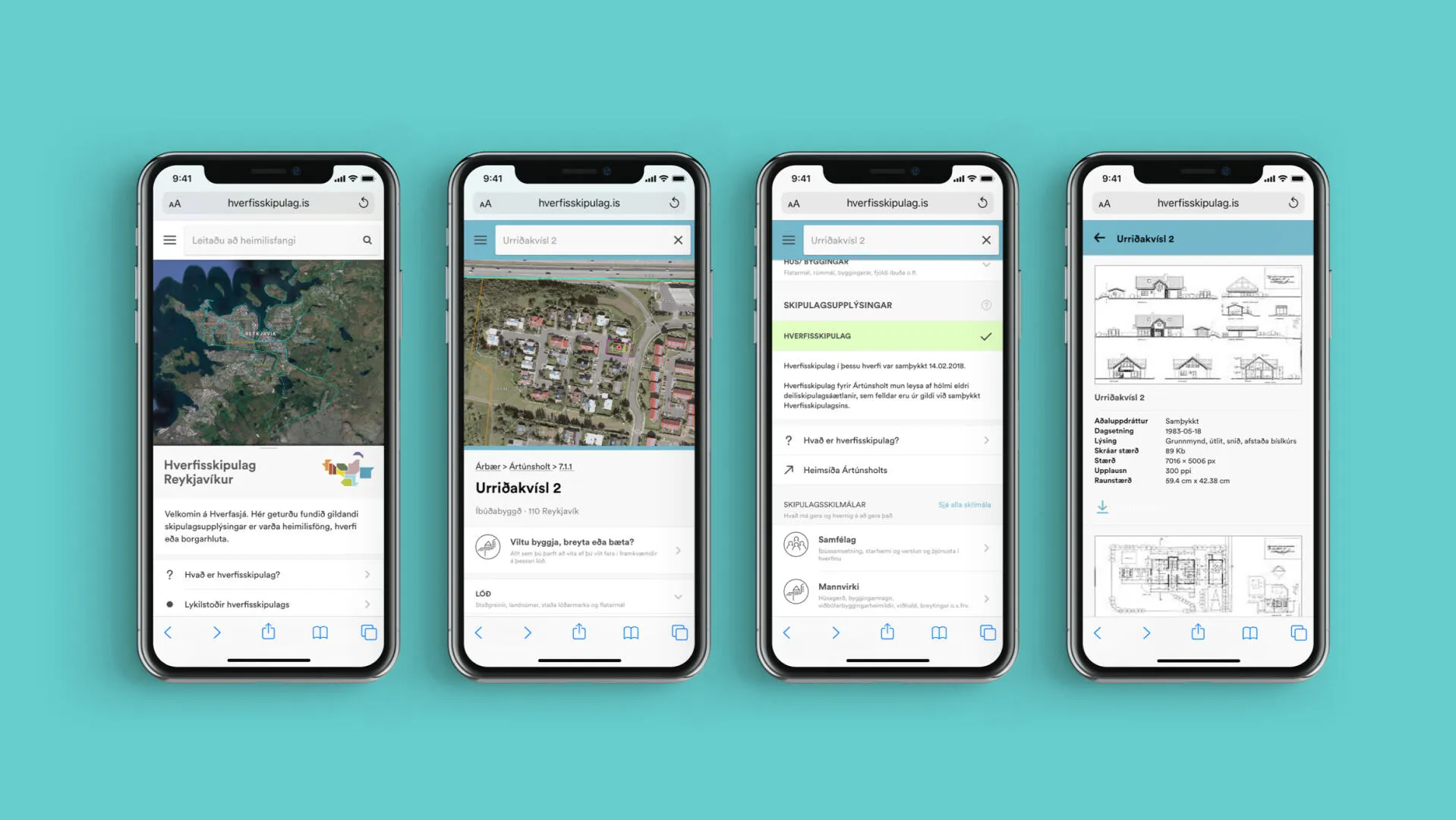 Planning web app on four mobile screens, from neighbourhood search to property drawings.