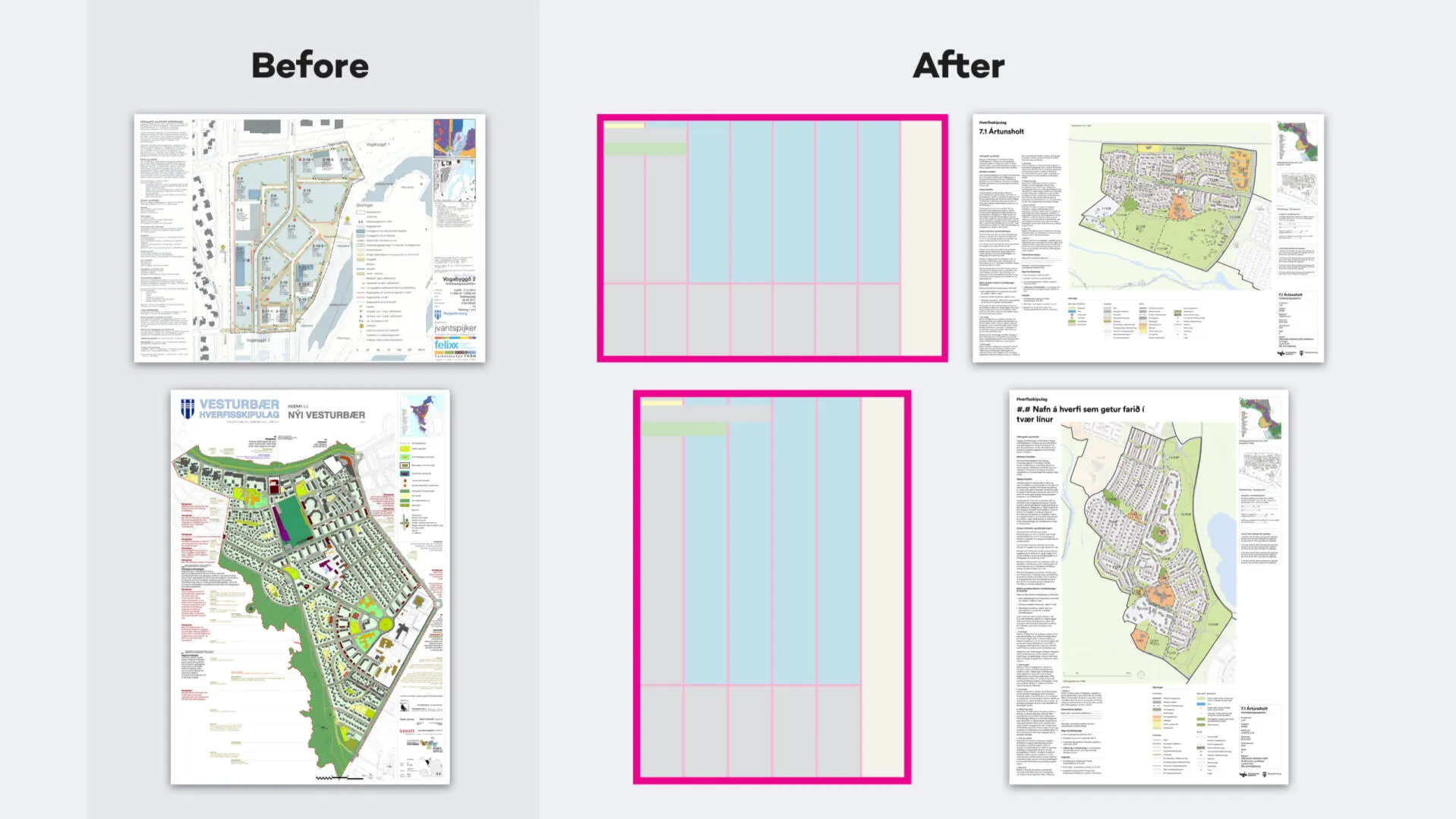 Before and after: inconsistent planning posters next to the new standardised layout grid.