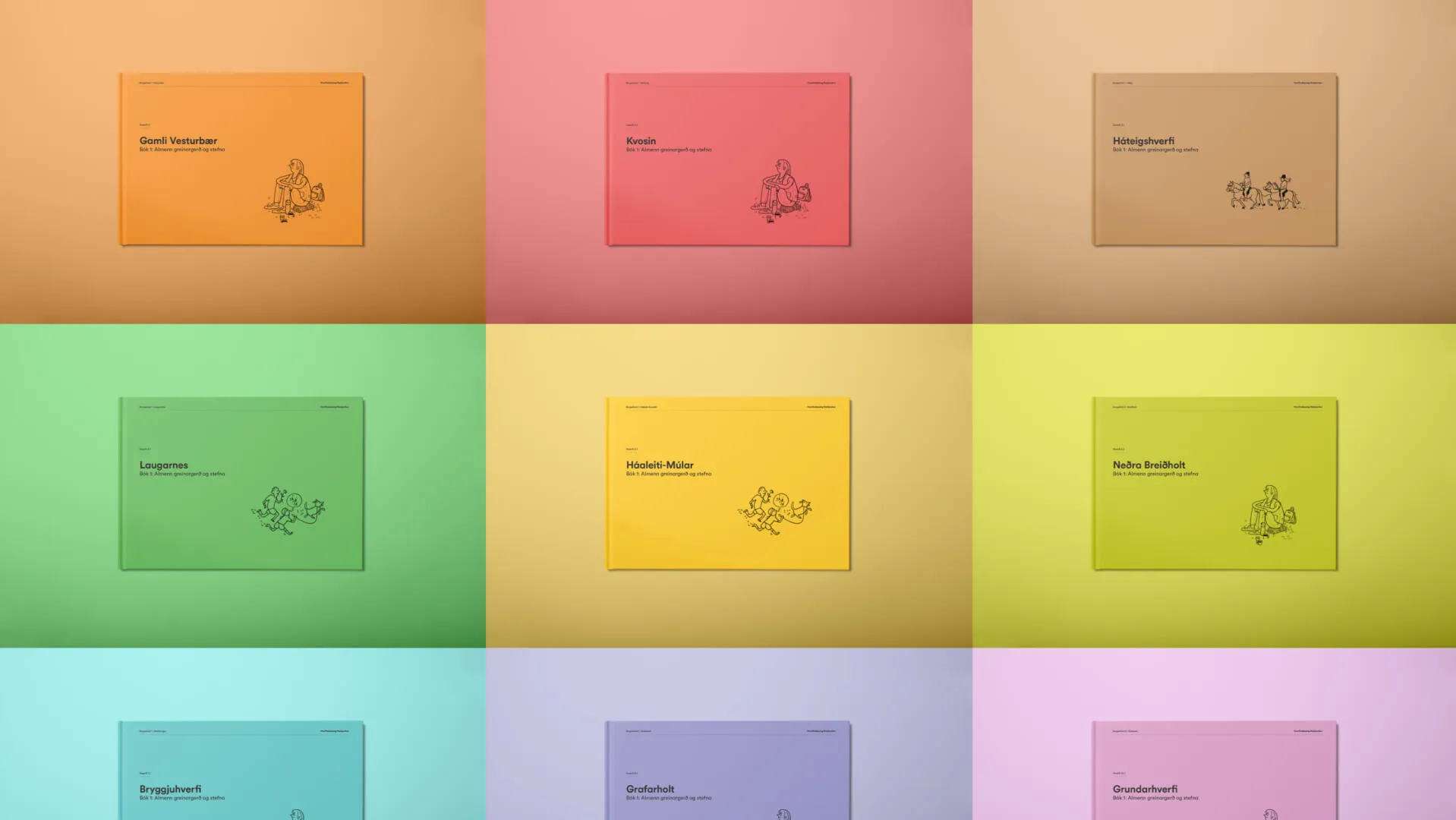 Planning book covers in the full colour system, one colour per city district.