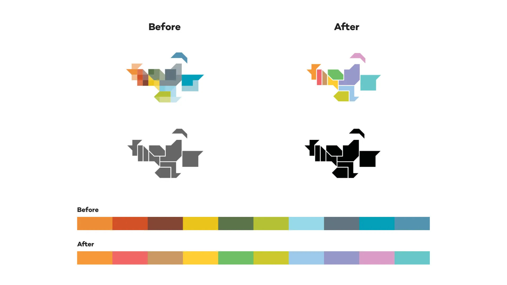 Before and after of the simplified Hverfisskipulag logo and colour palette.
