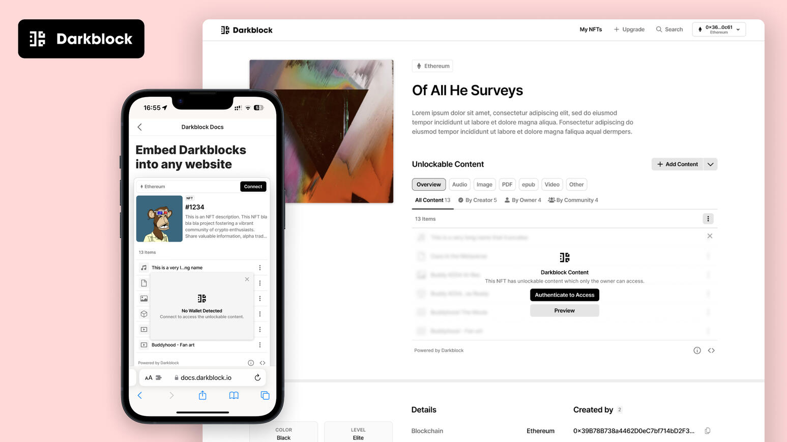 The Darkblock Viewer widget show in the context of the Darkblock developer docs and the Darkblock web app.