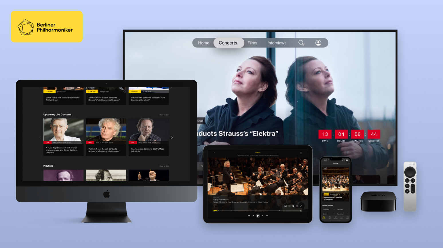 The Digital Concert Hall app shown on desktop, mobile, tablet and TV.
